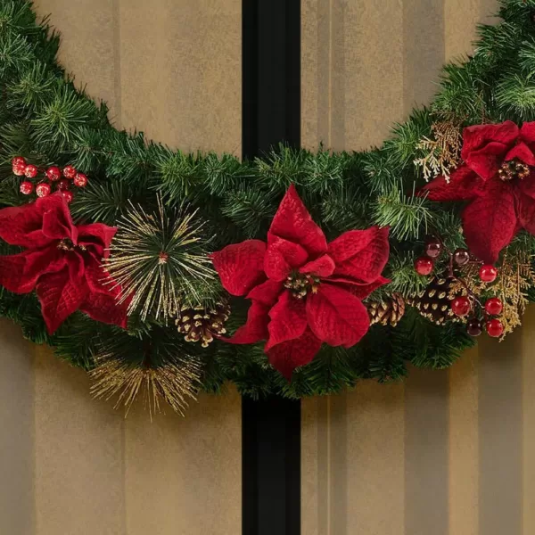 Home Accents Holiday 48 in. Burgundy Poinsettia Mixed Pine Wreath with Berries, Gold Glitter Cedar and Pinecone