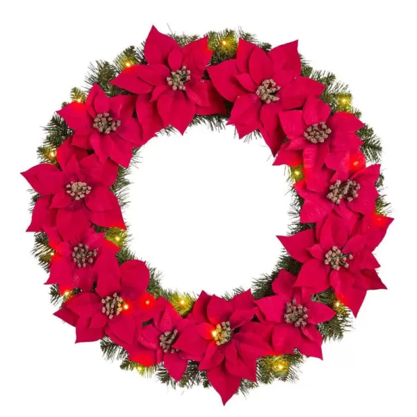 Home Accents Holiday 30 in. Berry Bliss Battery Operated Pre-Lit LED Artificial Christmas Wreath with Poinsettia